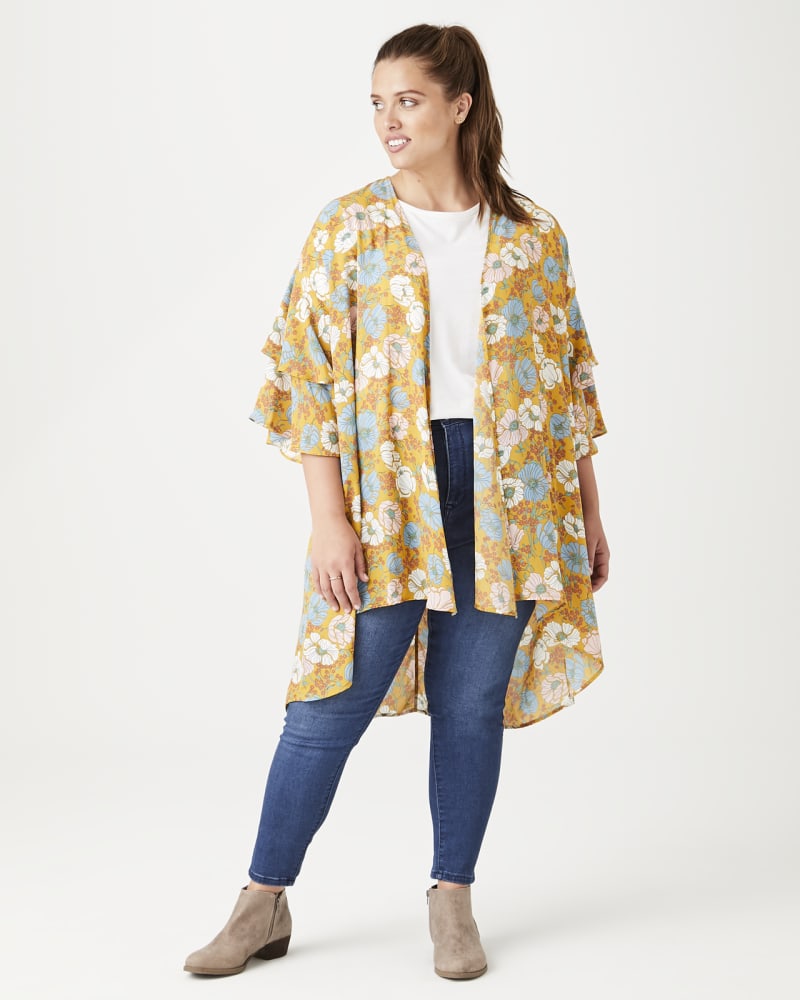 Plus size model with hourglass body shape wearing Taylor Ruffle-Sleeve Kimono by Meri Skye | Dia&Co | dia_product_style_image_id:141630